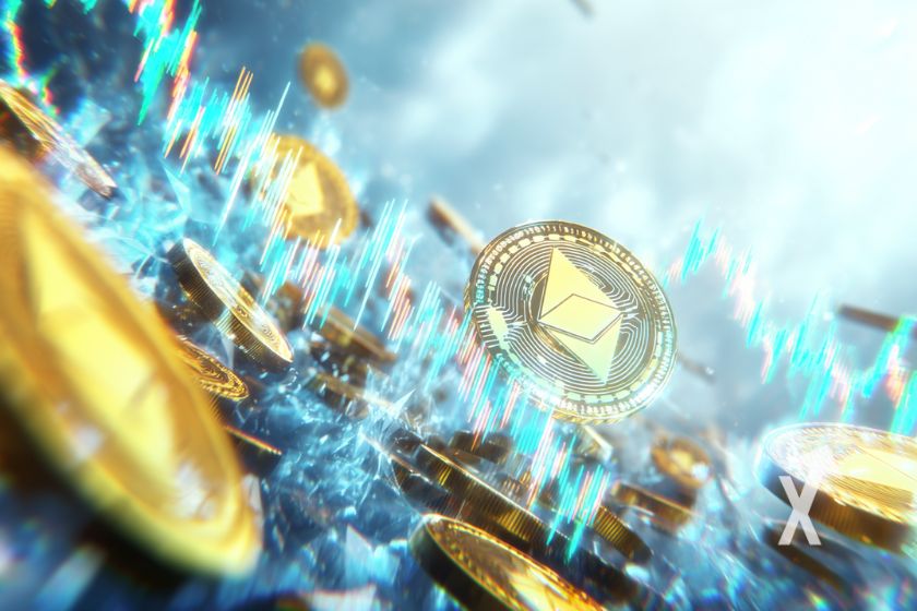 Coins ethereum sur un fond coloré et futuriste bleu