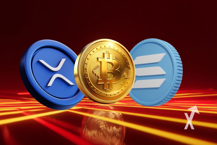 coin xrp, bitcoin et solana sur un fond rouge avec des lignes néons en jaunes et rouges