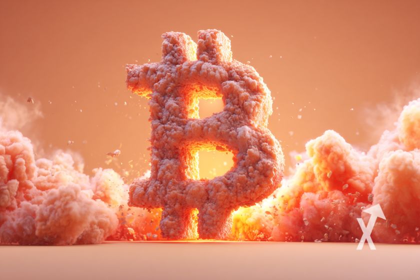 Bitcoin logo en fumée rose sur un fond orange rose avec de la fumée