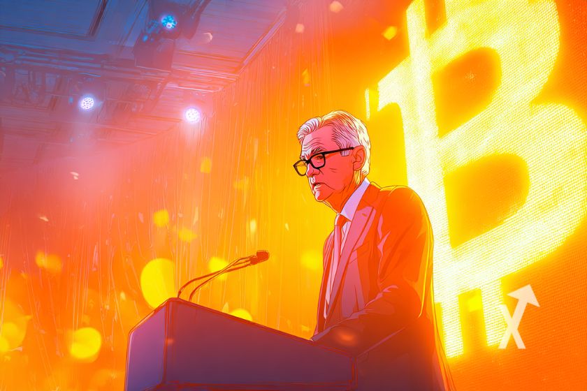 Jerome powell derrière un pupitre avec un fond lumineux orange avec un logo Bitcoin