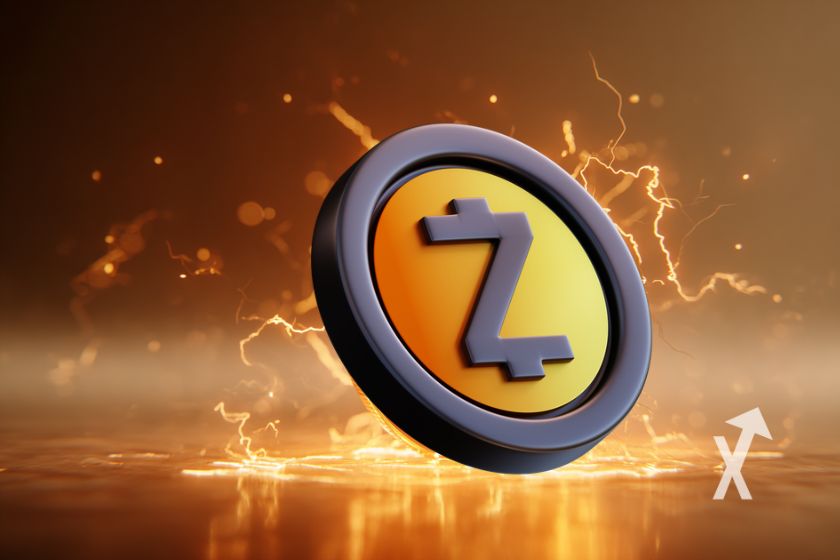 coin Zcash sur un fond orange et marron avec électricité orange