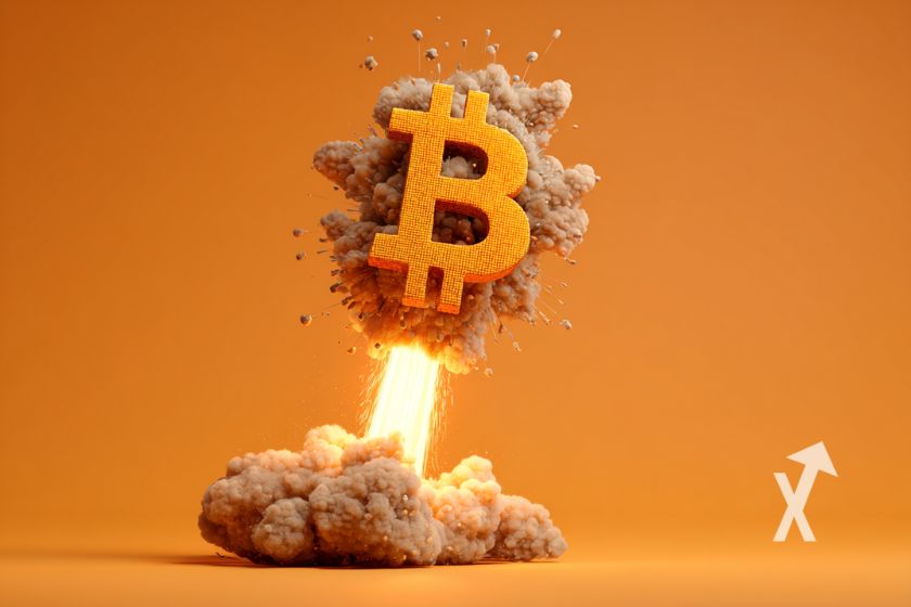 Bitcoin logo sur une fusée, fond orange avec fumée grise