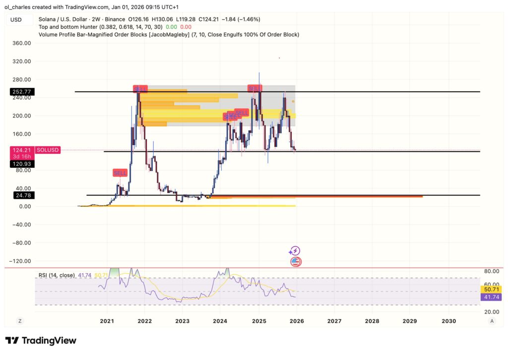 cours du Solana en 2 semaines avec order blocks et rsi