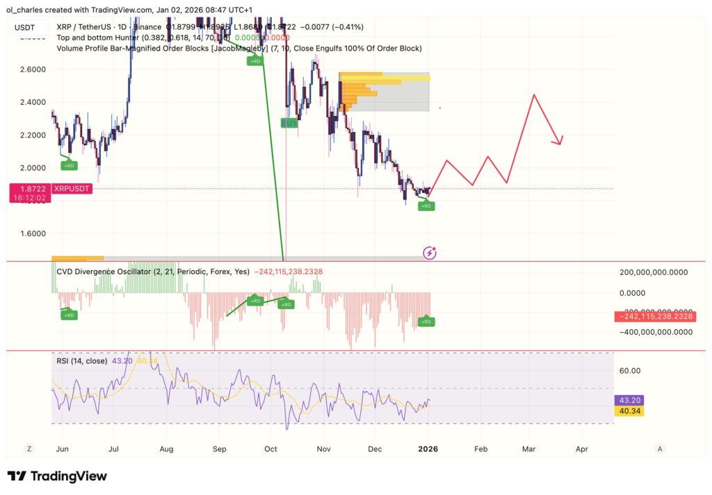 cours du XRP en 1 jour avec order block et cvd + RSI