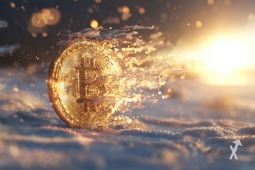 Une pièce de Bitcoin en train de se décomposer sur la neige