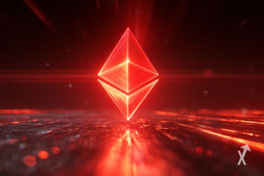 Le logo Ethereum en 3D de la couleur rouge sur un fond futuriste rouge