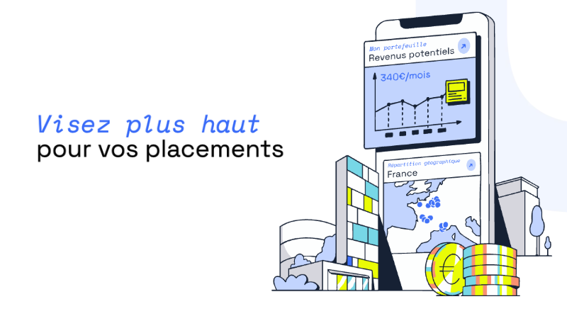 slogan "visez plus haut pour vos placements" avec un smartphone et un graphique de revenus potentiel sur la droite