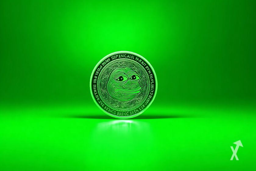 Un fond totalement vert avec une pièce et le logo PEPE