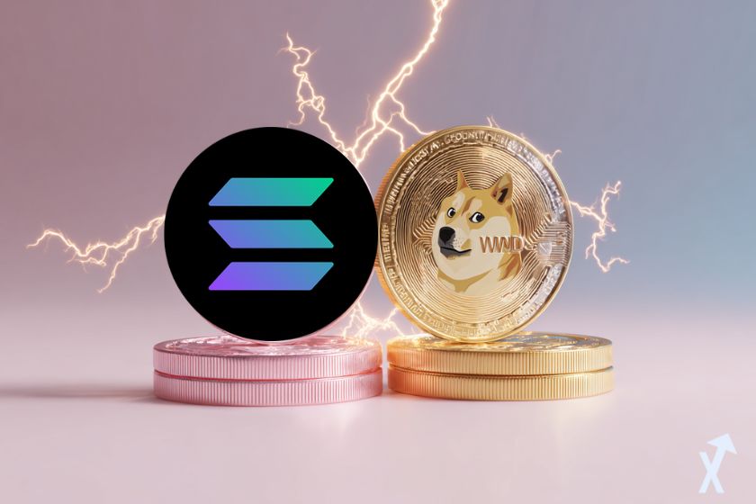 altcoins dogecoin et solana dans une explosion d'électricité jaune