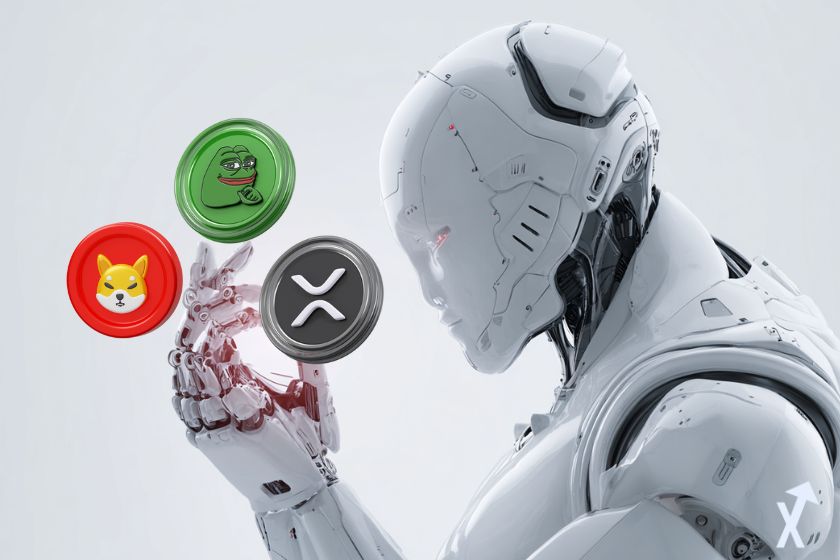 robot ia chat gpt en train d'analyser xrp shiba inu et pepe sur fond blanc