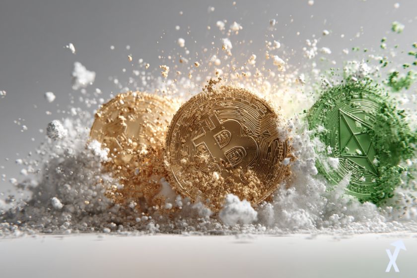coin D3 bitcoin et autre crypto dans une explosion blanche sur fond gris