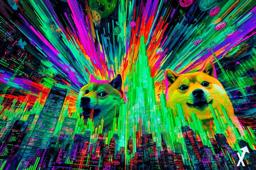 illustration futuriste de memecoins shiba inu avec des bougies vertes, ville futuriste