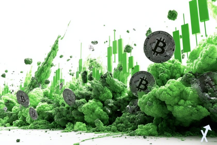 coin 3D bitcoin dans une explosion verte et des bougies vertes sur fond blanc