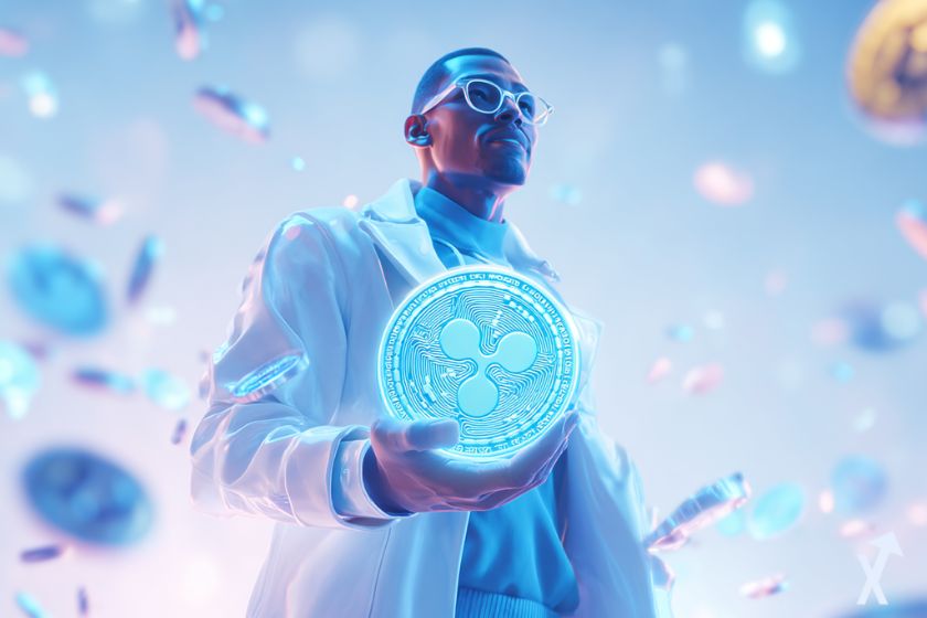 homme avec des lunettes qui tient un coin XRP lumineux, ambiance futuriste digitale