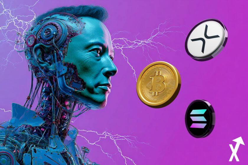 Illustration représentant une intelligence artificielle musk analysant Bitcoin, XRP et Solana dans un contexte haussier