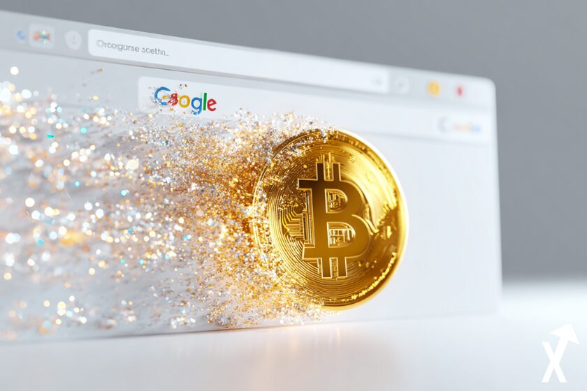 Navigateur Google ouvert avec le logo Bitcoin doré et scintillant sortant de l’écran, design futuriste et clean, lumière premium, sans texte