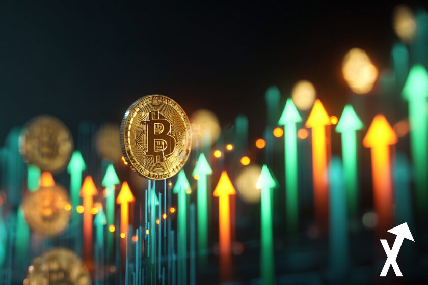 Marché crypto en hausse, graphiques verts lumineux, Bitcoin et altcoins en ascension, couleurs vives, style futuriste clean, sans texte