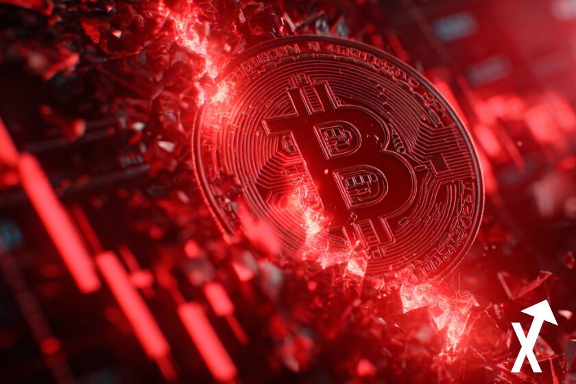 Bitcoin rouge en chute, fissuré et lumineux, ambiance de crash, sentiment baissier, style futuriste épuré, fort contraste, sans texte