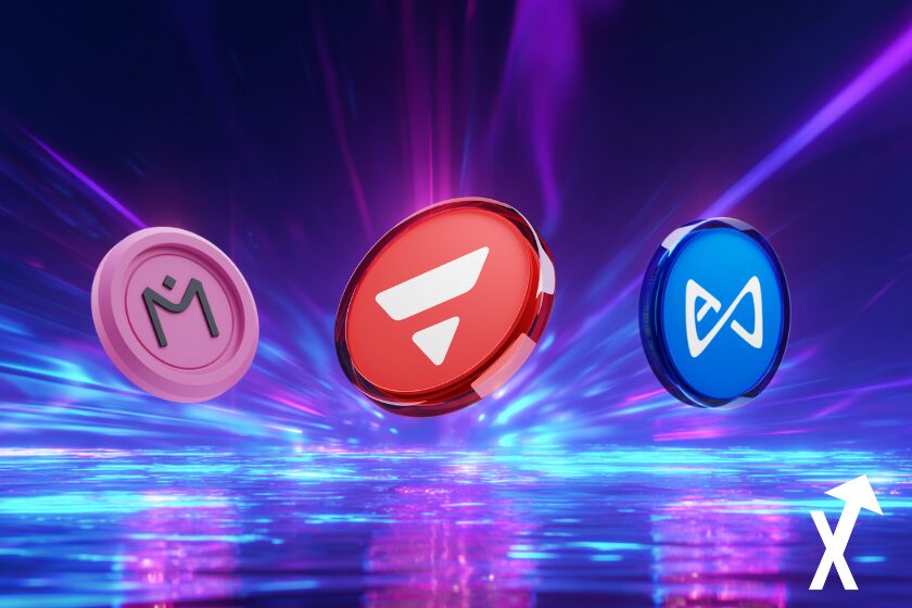 axis mantra et avax coin sur fond crypto futuriste bleu violet