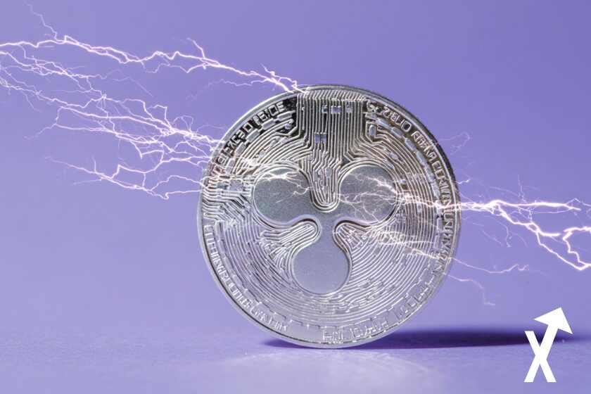 xrp coin argenté electrique autour sur fond violet clean