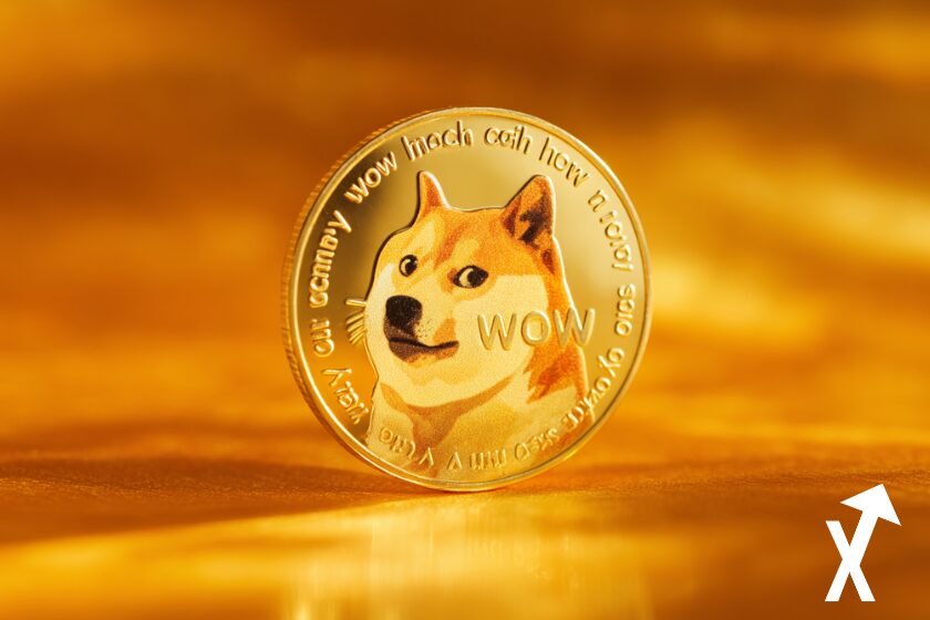 dogecoin coin doré entouré de lumiere du soleil sur fond orange jaune coloré clean