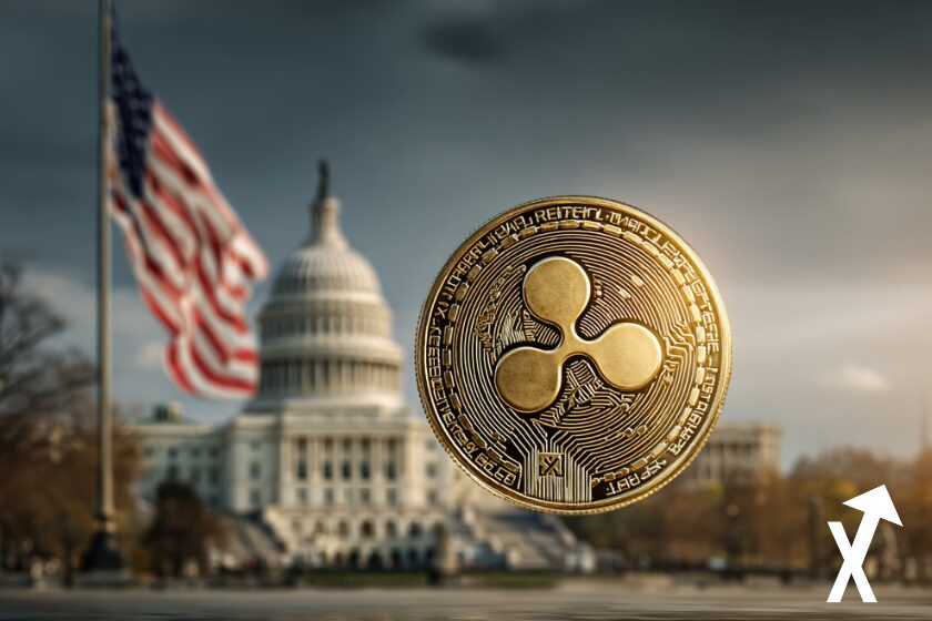 llustration financière réaliste à l’atmosphère calme mais dramatique : en arrière-plan, le drapeau des États-Unis flotte doucement sous une lumière naturelle aux couleurs légèrement désaturées, avec le Capitole