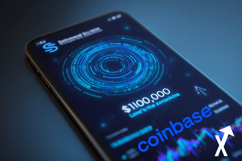 une application crypto sur smartphone, graphiques visibles sous forme de symboles génériques (lettres stylisées, sans logo officiel), flèche indiquant transformation en stablecoin numérique, interface montrant "Loan $100,000", couleurs bleu électrique et vert néon, style réaliste high-tech, profondeur de champ légère, fond bleu clean et lumineux coinbase logo