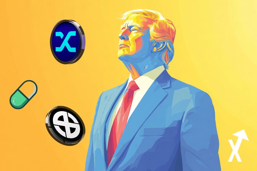 trump sur fond jaune avec pumpfun Onyxcoin et Synthetix