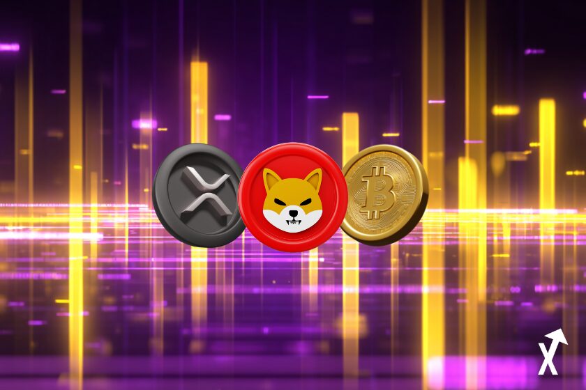 xrp shiba bitcoin sur fond crypto violet jaune