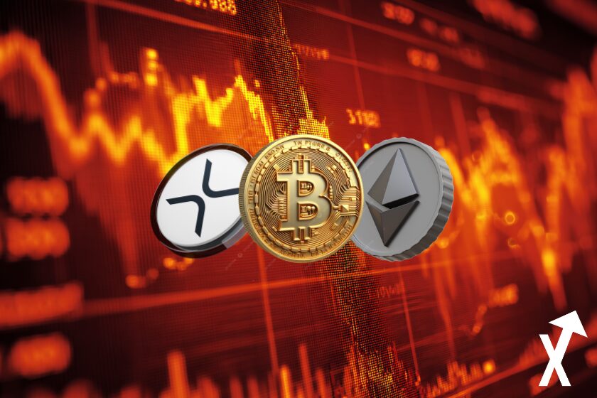 orange fond clean, cinematic light, trading chart price rouge qui descend coloré avec coin btc eth xrp