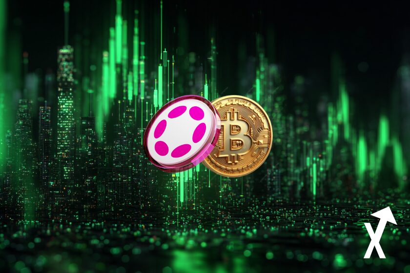 polkadot bitcoin coins sur fond trading chart vert coloré