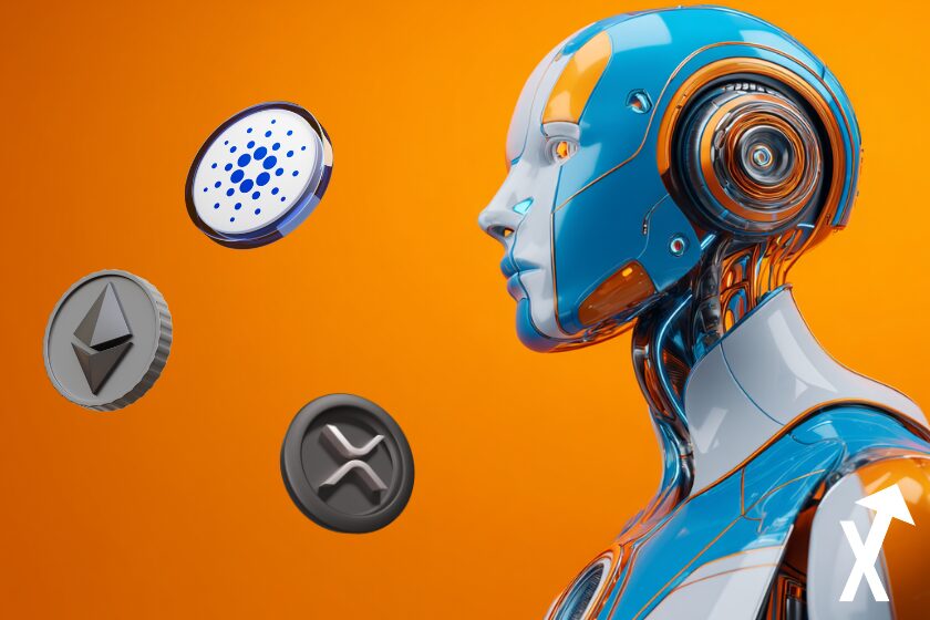 Robot IA futuriste humanoïde en bleu électrique et blanc lumineux, design high-tech avec lignes LED fines avec xrp cardano ethereum coins