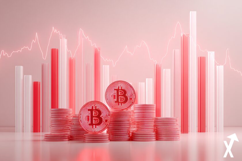 Marché crypto en baisse représenté par des bitcoin rouges lumineux sur fond clair, graphique descendant fluide, ambiance calme et minimaliste,