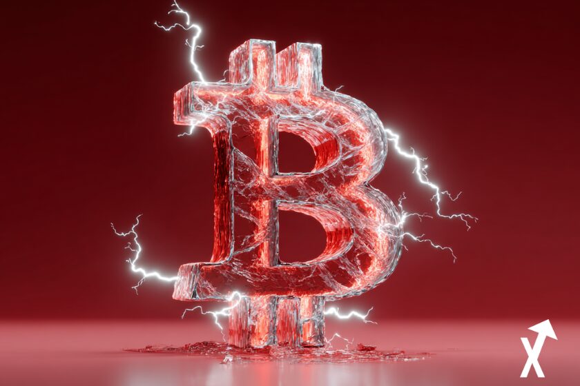Bitcoin rouge incandescent en 3D, texture métallique brillante, symbole BTC légèrement fissuré avec éclairs électriques rouges et blancs autour,