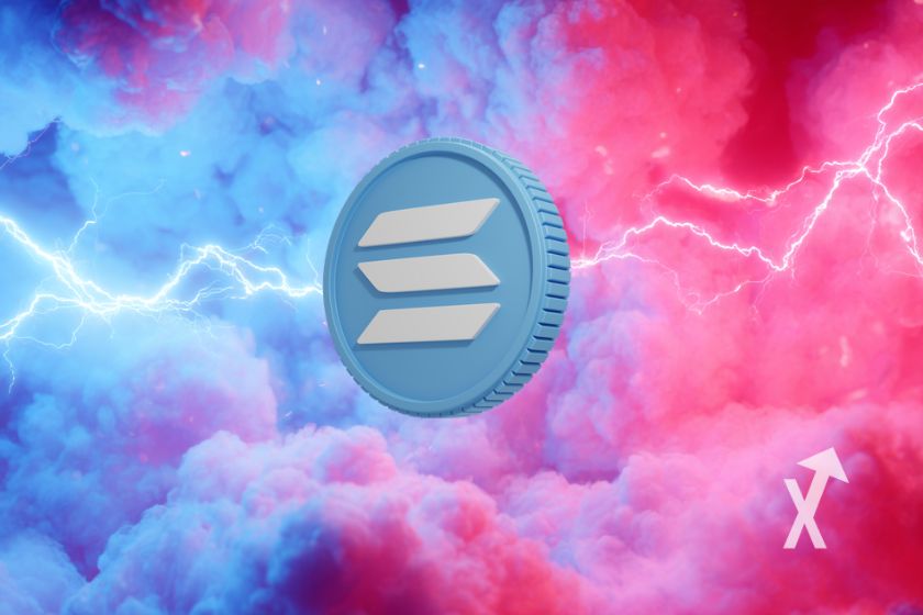 Solana coin sur un fond de fumées rose et bleu avec éclairs bleus