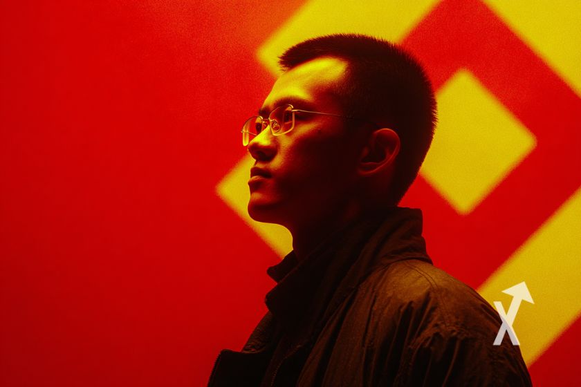 CZ sur un fond rouge avec un logo Binance jaune en fond
