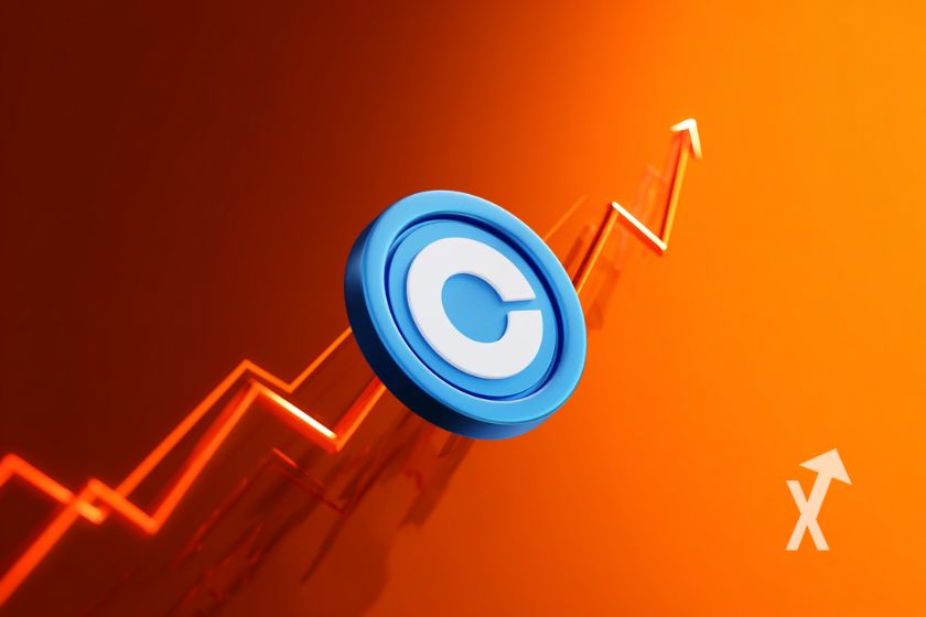 Coin COIN de Coinbase sur un fond orange avec une fleche trendline