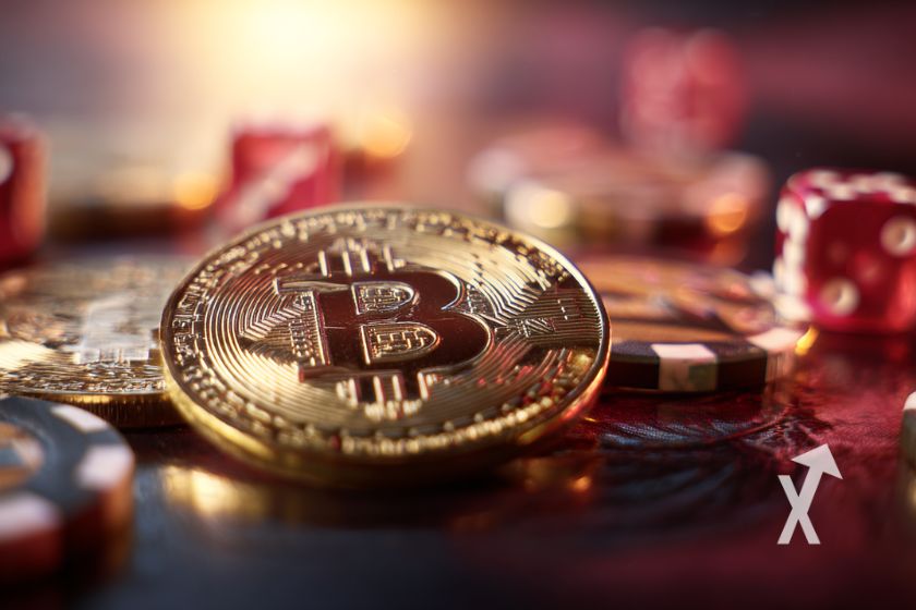 bitcoin coin sur un plateau de jeu avec des dés rouges