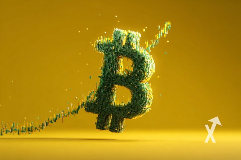 bitcoin logo vert en fumée avec trendline verte qui monte sur un fond orange