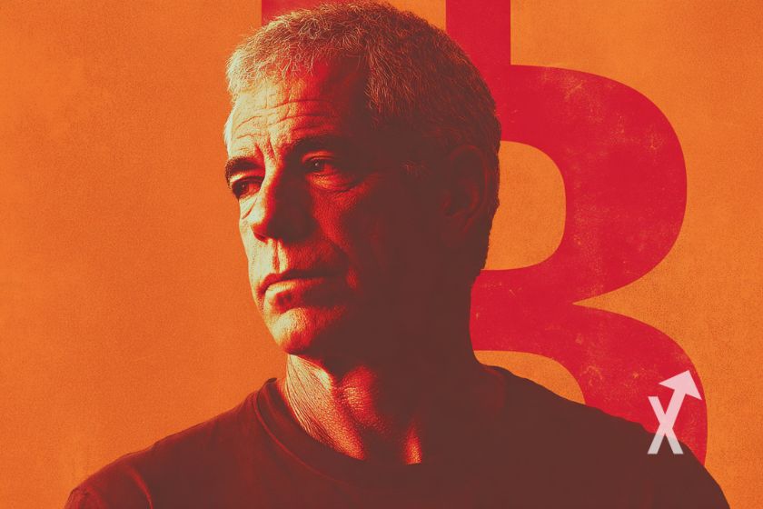 Jeffrey Epstein sur un fond orange avec logo Bitcoin