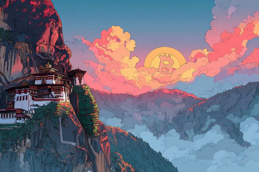 Image d'un paysage de montagne au bhutan avec un Bitcoin qui remplace le soleil levant