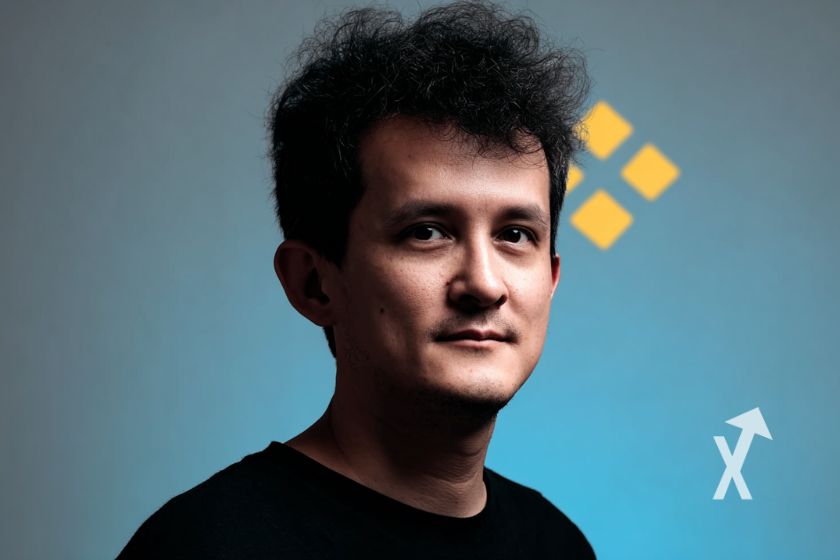 Sam bankman-fried sur un fond bleu avec un logo binance jaune