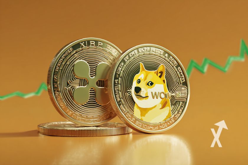 coin dogecoin et xrp sur un fond orange avec trendline verte