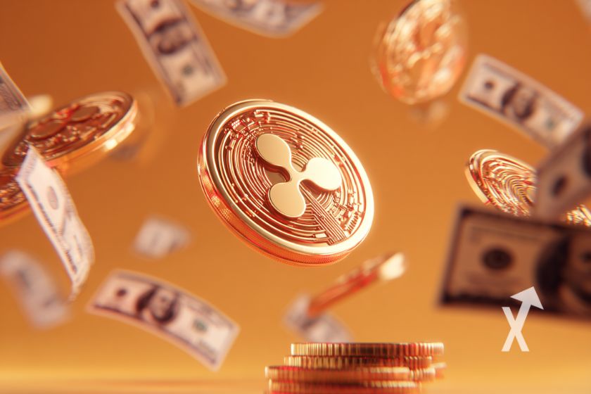 Coin xrp en oprange sur un fond orange avec des billets dollars qui volent