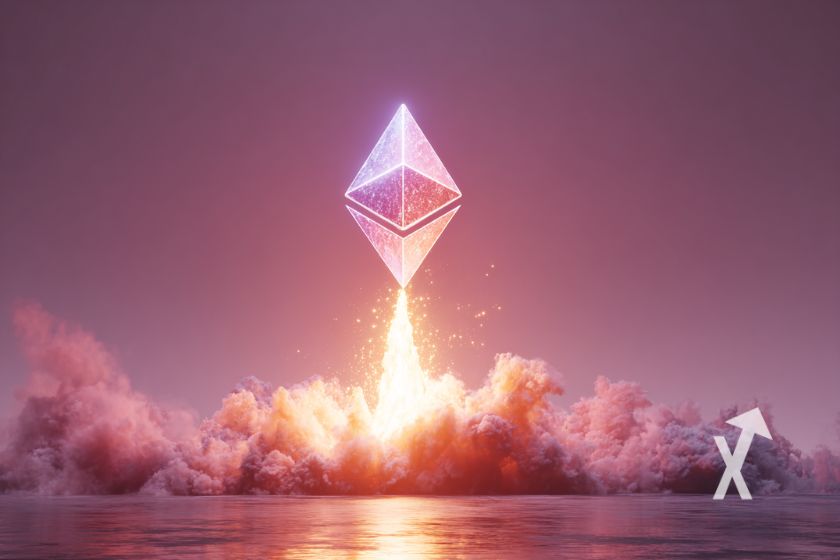 Ethereum logo rose qui décolle comme une fusée sur un fond rose