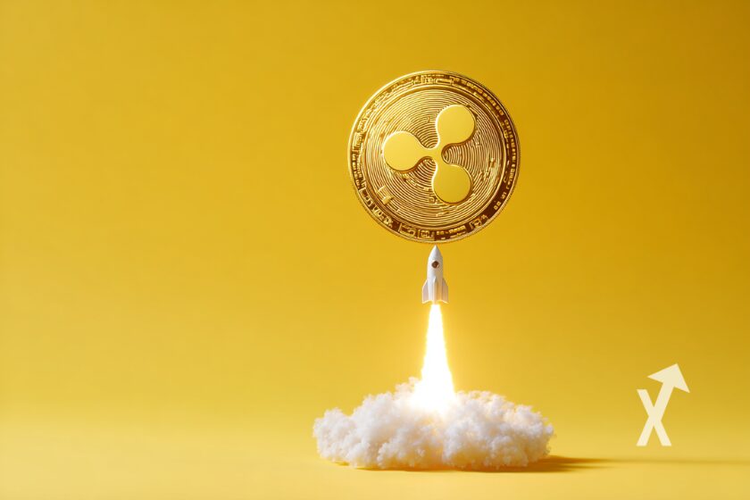 Coin xrp au dessus d'une fusée qui décolle sur un fond jaune