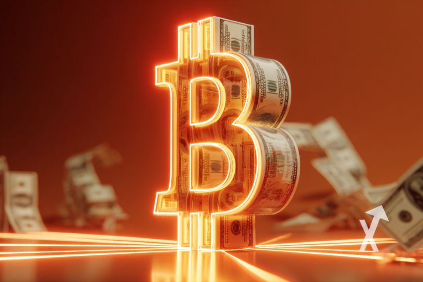 Bitcoin logo en néons jaunes sur un fond rouge avec des billets dollars