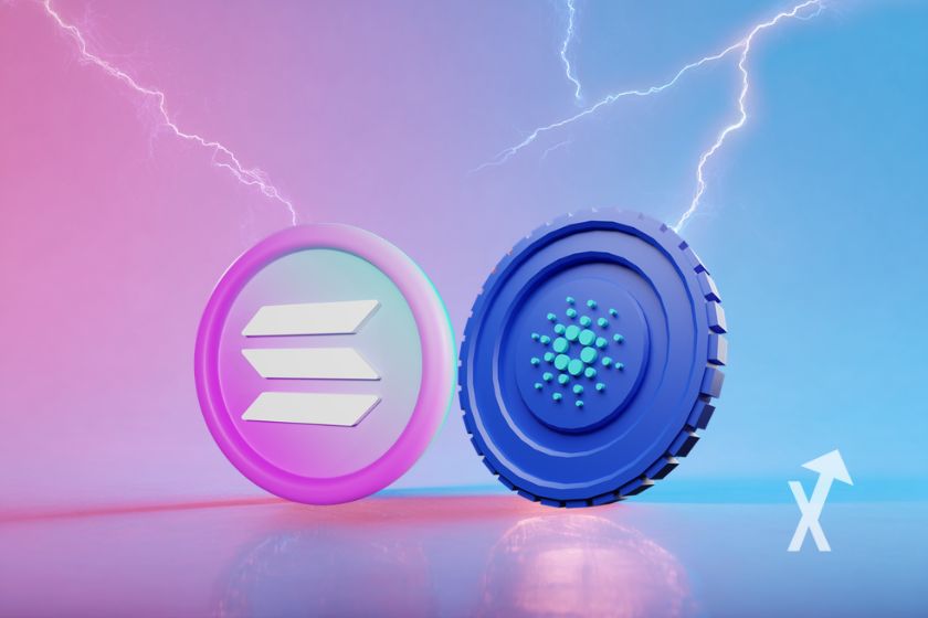 Coin solana et cardano ADA sur un fond mbleu et mi-rose avec de l'électricité