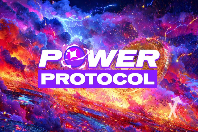Logo power protocol sur un fond flashy rouge orange violet sur le thème de l'apocalypse