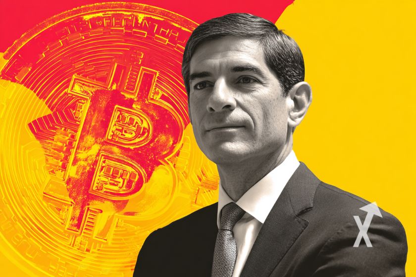Kevin Warsh sur un fond jaune et rougre avec un coin Bitcoin en fond